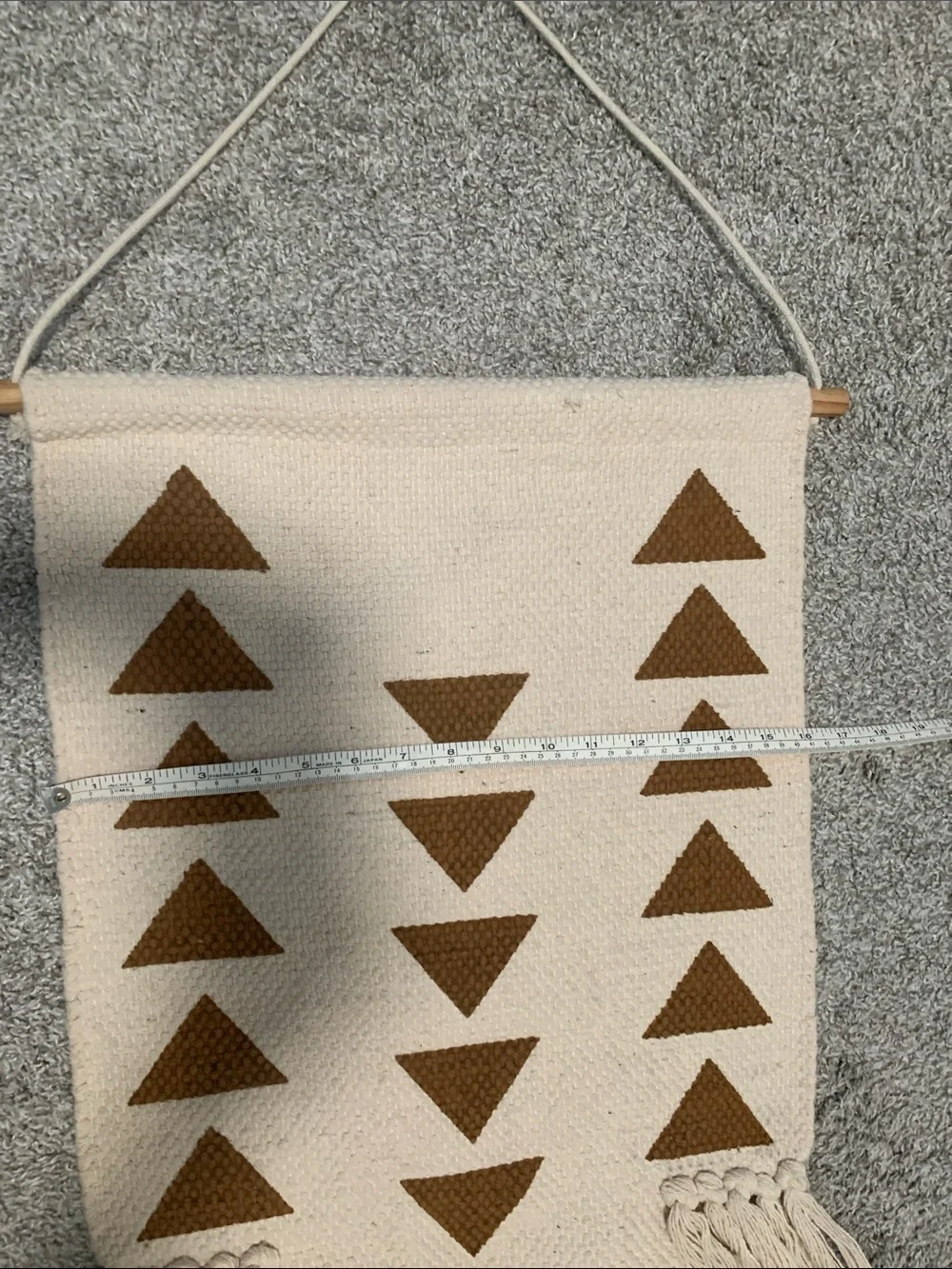 Boho Neutral Cream Macramé Wall Hanging with Brown Triangle Pattern